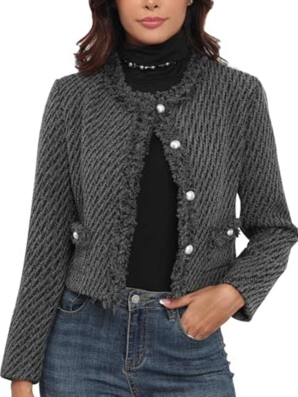 Tweed Blazer Jacket Womens Cropped Long Sleeve Pockets Collarless